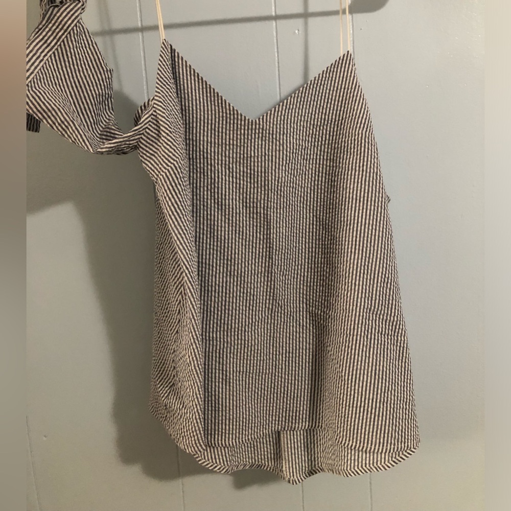 Kimchi Blue Cold Shoulder Striped Nautical White and Navy Blue patterned V Neck